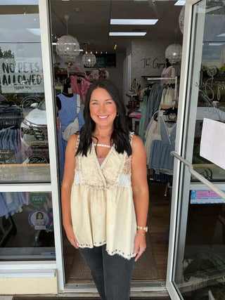 POL Sleeveless Boho Studded Trim Top in 2 colors, perfect for casual chic style, on final sale