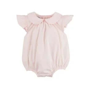 MudPie pink collared poplin bubble romper for toddlers, featuring sleeveless design with elegant button detailing.
