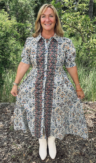Diamond Floral Pattern Charcoal Accent Midi Dress by Entro - elegant design for stylish occasions. Perfect blend of comfort and fashion.