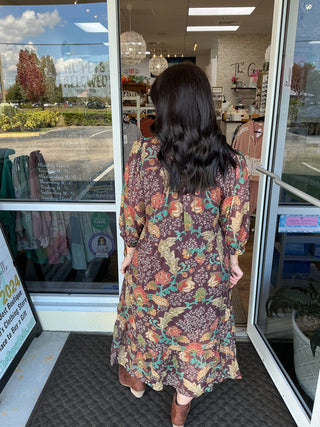 Umgee Brown Mix Floral Collared Midi Dress