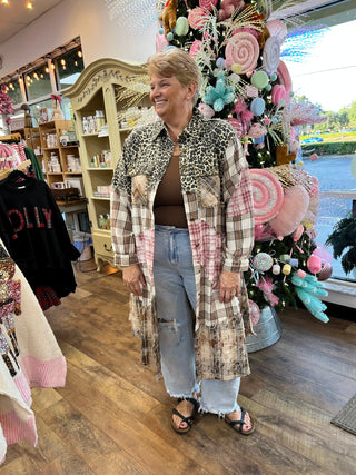 POL Leopard & Plaid Mix Long Line Jacket