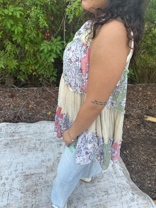 Alternate view of Boho Chic Latte Delight Patchwork Button Down Sleeveless Top
