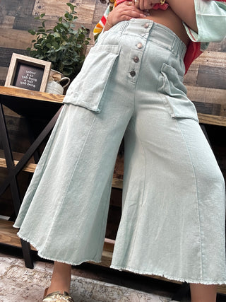 Like Love Boho Sage Green Wide Leg Front Pocket Capri Pant