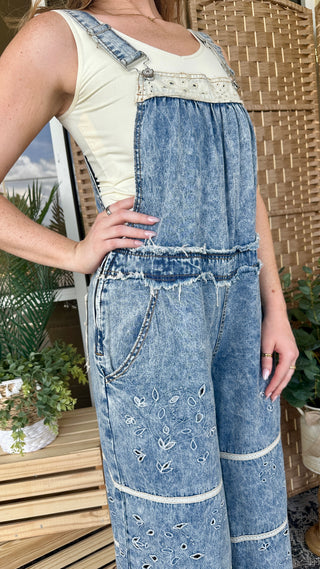 Alternate view of POL Denim & Ivory Eyelet Overalls
