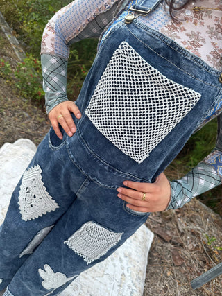 POL Denim Crochet Patchwork Wide Leg Overalls