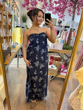 Navy Floral Romantic Strapless Maxi Dress