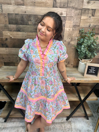 Alternate view of Jodifl Sky Blue Floral Ruffle Neckline Short Dress
