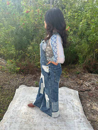 POL Denim Crochet Patchwork Wide Leg Overalls