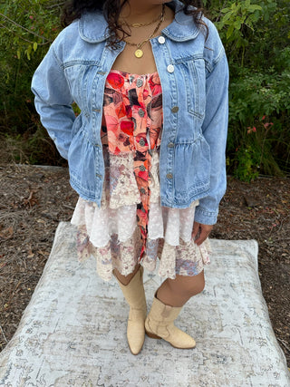 Listicle Ruffle Hem Round Collar Soft Denim Jacket