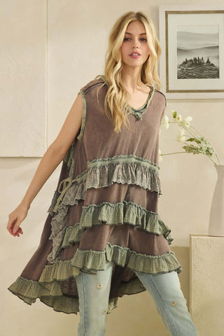 Stylish Oli & Hali washed charcoal grey tunic top with tiered contrast ruffle, perfect for a chic and comfortable look.