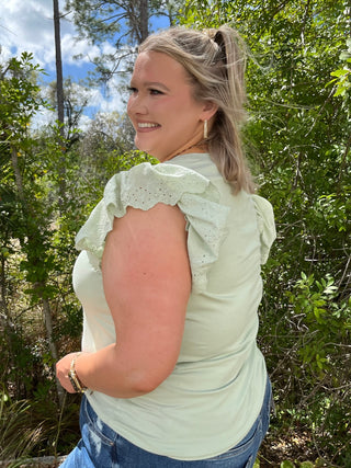 Alternate view of Green Eyelet Flutter Sleeve Top
