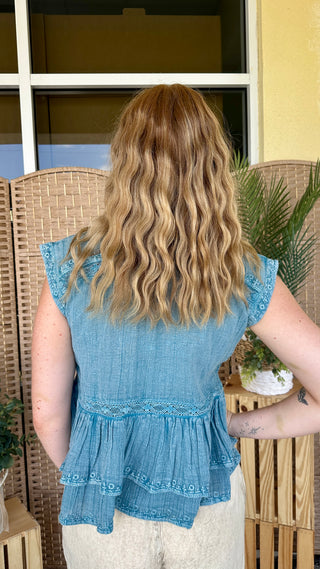 Alternate view of POL Blue Bohemian Pintuck Top
