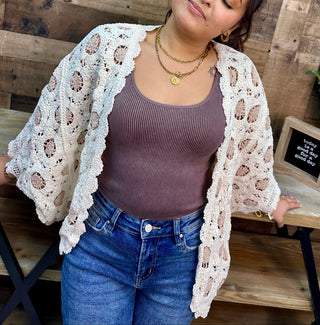 POL Cream & Latte Chenille Crochet Cardigan Shrug Top One Size