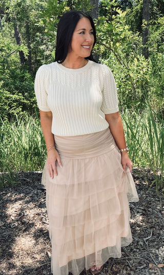 Elegant Listicle Maxi Skirt in taupe, featuring a cinched high waist and tiered tulle design for a chic, sophisticated look.