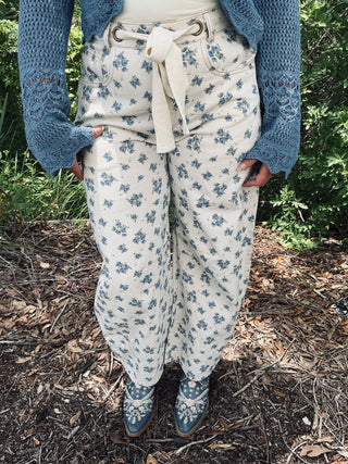 Ivory & Blue Floral Print Tie Waist Gypsy Fit Denim Pants Peach Love