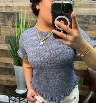 Listicle Midnight Blue Cable Knit Short Slv Ruffle Hem Sweater Top