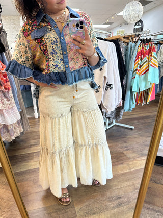 Alternate view of Young Threads Latte Patchwork & Denim Ruffle Hem Crop Jacket Top
