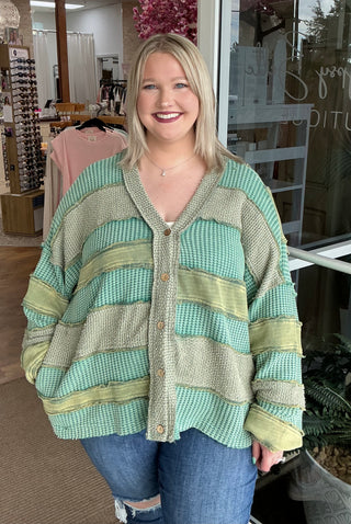 Oli & Hali Washed Green Colorblock & Patchwork Cardigan