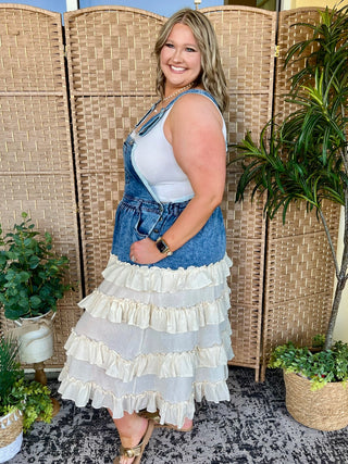 Alternate view of Wanna Be Her Denim Ruffle Overall Dress
