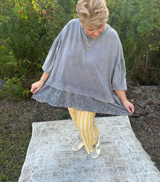 Blue Velvet Faded Navy Round Neck Mixed Fabric Hem Top