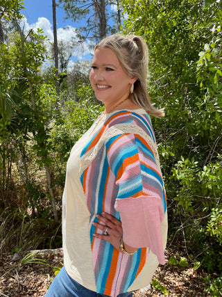 Alternate view of Easel IVORY Mineral Wash 3/4 Slv Multi Stripe Top
