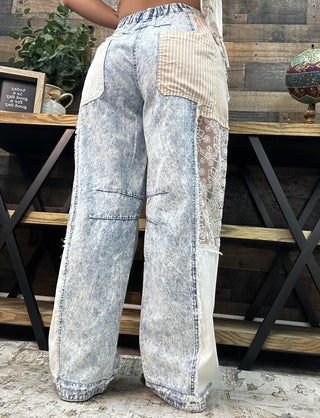 Alternate view of POL Acid Wash Denim, Lace & Stripe Barrel Leg
