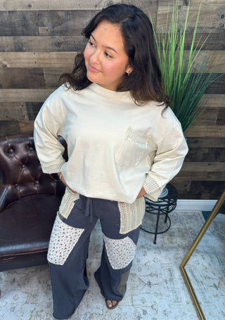 Easel Mineral Wash 3/4 Sleeve Textured Trim Top