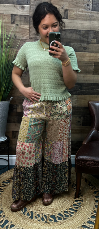 Listicle Light Sage Cable Knit Short Slv Ruffle Hem Sweater Top