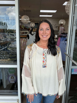 POL Ivory Cotton Gauze Top with Multicolor Print and Bishop Sleeves, Perfect for Boho-Chic Style