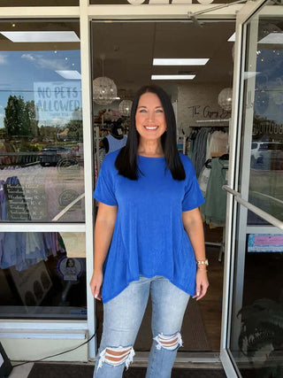 Short Sleeve Round Neck Sheen Top in Blue and Pink by Sew in Love - Stylish and Versatile Women's Fashion Top.