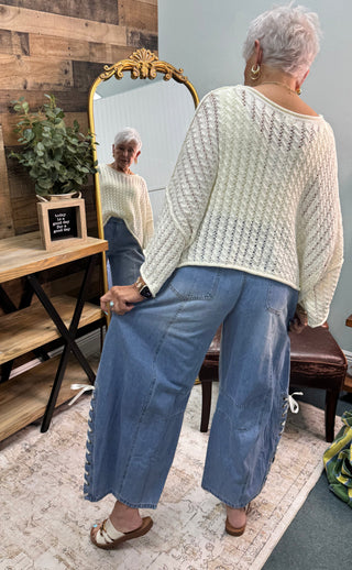 Side Slit Lace Up Denim Gypsy Fit Jeans