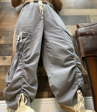 Dusty Blue Contrast Twill Tape Elastic Waist Jogger Parachute Pants