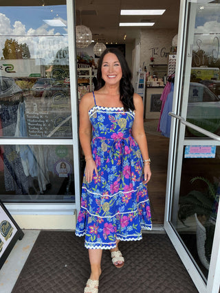 Alt text: "Stylish Royal Blue Tropical Floral RicRac Midi Dress showcasing vibrant colors and intricate floral patterns.