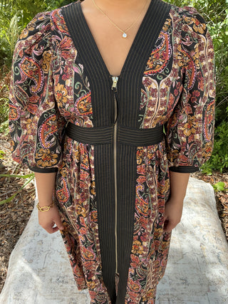 Entro Black & Jewel Tone Paisley Zip Front Midi Dress