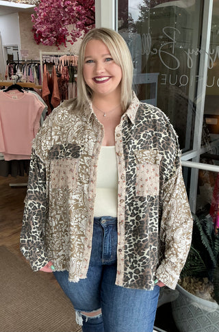 Oli & Hali Washed Leopard Paisley Button Down Shacket Top