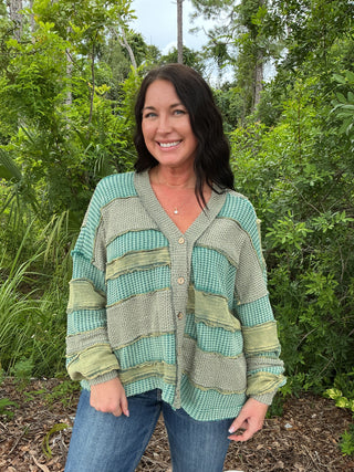 Oli & Hali Washed Green Colorblock & Patchwork Cardigan