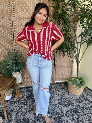 Alternate view of Red Crochet Striped Pointelle Top
