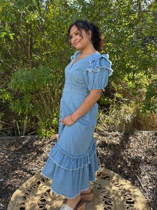 Peach Love Lt Denim Polka Dot Midi Dress