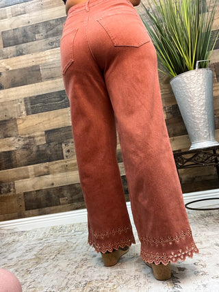 Brick Red Embroidered Hem Ankle Length Stretch Denim Pants