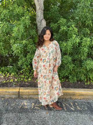 Entro Botanical Print Ecru Long Slv Midi Dress