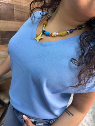 Alternate view of Like Love Periwinkle Blue Cap Slv V Neck Knit Top
