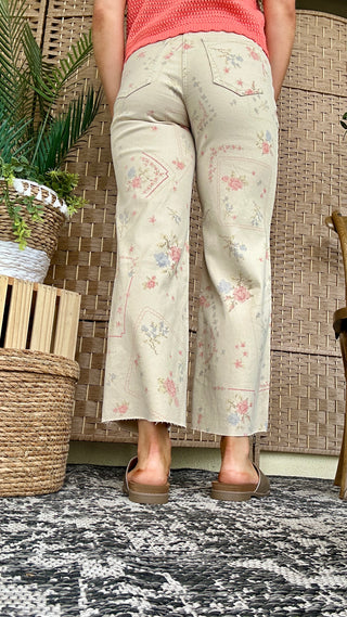 Easel Cross Stitch Floral Stretch Twill Pants
