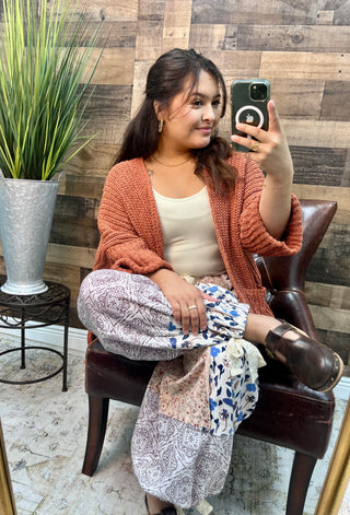 POL Peach & Blue Floral  Patchwork Jogger w/ Crochet Detail