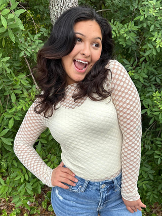 Cream Round Neck Dot Lace Mesh Long Slv Layering Top