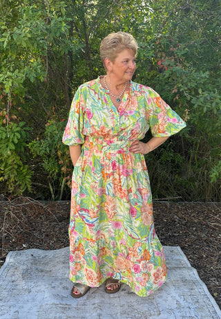 Oddi Minty Garden Floral Printed Tiered Midi Dress w/ Puff Sleeve & Elastic Waist