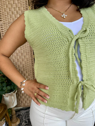 Alternate view of Green Apple Tie Front Cardigan Vest Top
