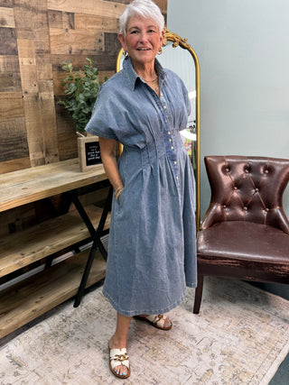 Alternate view of In Feb Mineral Washed Denim Button Down Pleated Midi Dress

