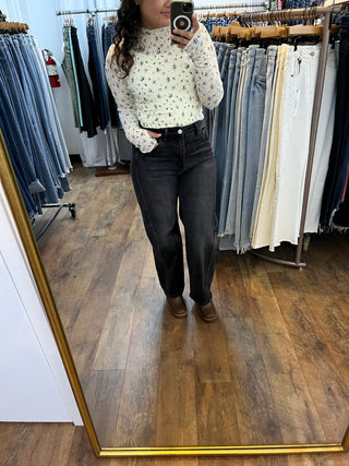 Ivory Ditsy Blue Floral Print Long Slv Layering Top