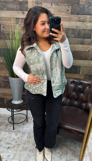 Umgee Sage Green Bandand Print Quilted Vest Top