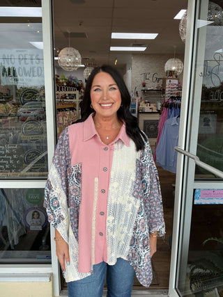 Stylish POL pink & indigo mix print oversized top with vibrant patterns displayed on a white background.